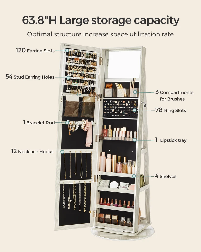 LEDREM Mirror Jewelry Cabinet Organizer 360 Rotating Jewelry Armoire Storage Box w/ Full Length Mirror for Female White