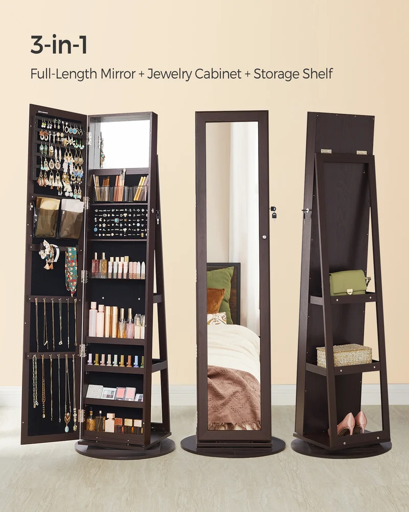 SONGMICS Mirror Jewelry Cabinet Organizer 360 Rotating Jewelry Armoire Storage Box w/ Full Length Mirror for Female Brown
