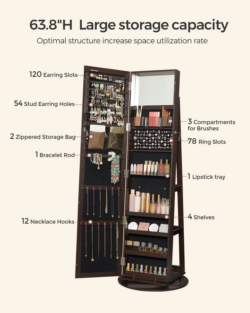 SONGMICS Mirror Jewelry Cabinet Organizer 360 Rotating Jewelry Armoire Storage Box w/ Full Length Mirror for Female Brown