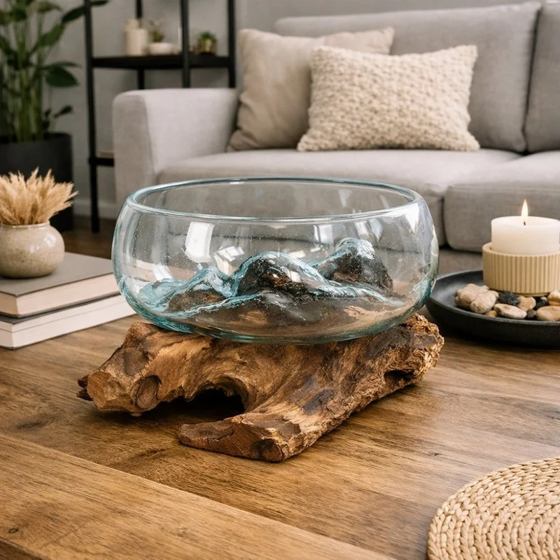 Deko-Glas Unikat DROP-7 Teak Vase Schale Handarbeit