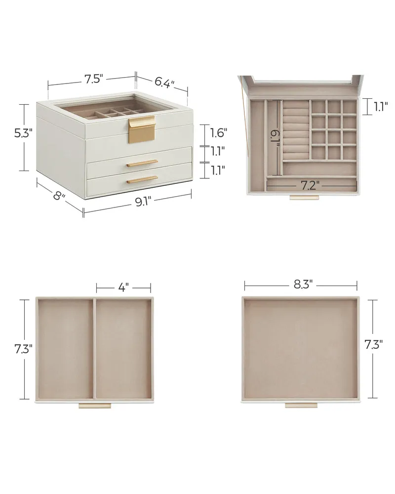 Glass Lid Jewelry Box, 3-Layer Jewelry Organizer with 2 Drawers, Modern Style - for Big and Small Jewelry, 8 x 9.1 x 5.3 Inches, White