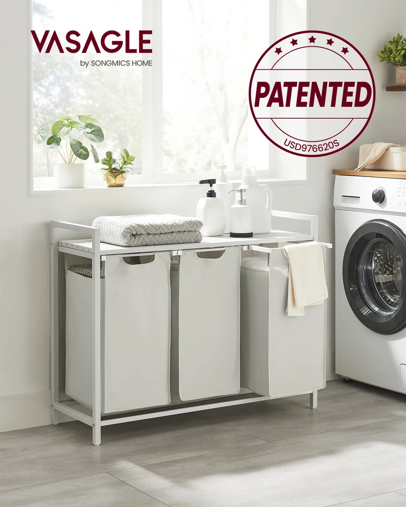 Laundry Hamper, Laundry Basket, Laundry Sorter with 3 Pull-Out and Removable Bags, Shelf, Metal Frame, 3 x 10 Gallons
