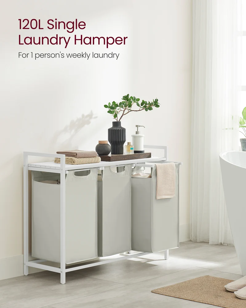 Laundry Hamper, Laundry Basket, Laundry Sorter with 3 Pull-Out and Removable Bags, Shelf, Metal Frame, 3 x 10 Gallons