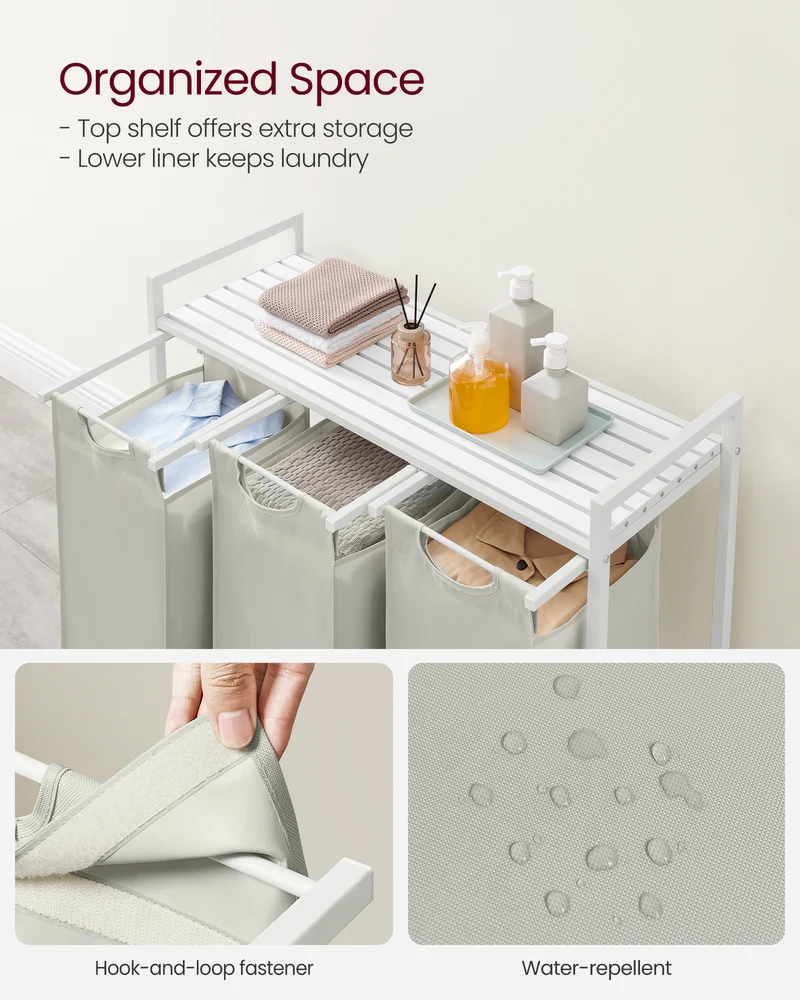 Laundry Hamper, Laundry Basket, Laundry Sorter with 3 Pull-Out and Removable Bags, Shelf, Metal Frame, 3 x 10 Gallons