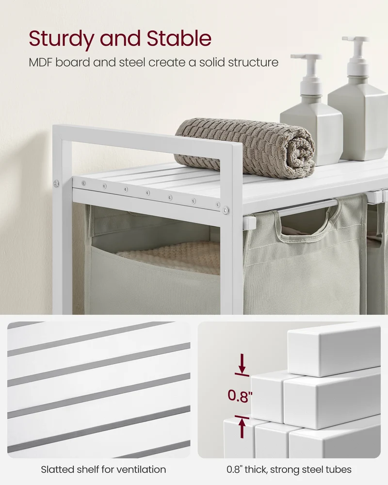 Laundry Hamper, Laundry Basket, Laundry Sorter with 3 Pull-Out and Removable Bags, Shelf, Metal Frame, 3 x 10 Gallons