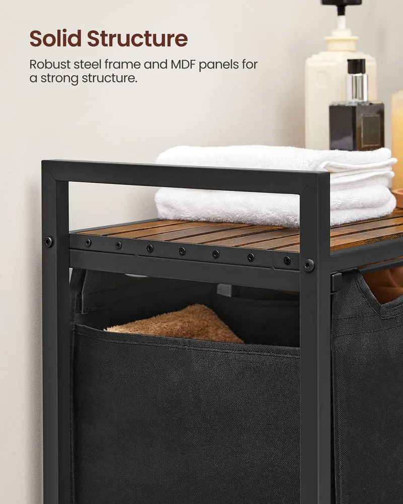 Laundry Sorter Hamper, 3 x 10 Gallons, with 3 Removable Pull-Out Bags, Metal Frame, Shelf, 36.4 x 13 x 28.4 In Laundry Basket Black