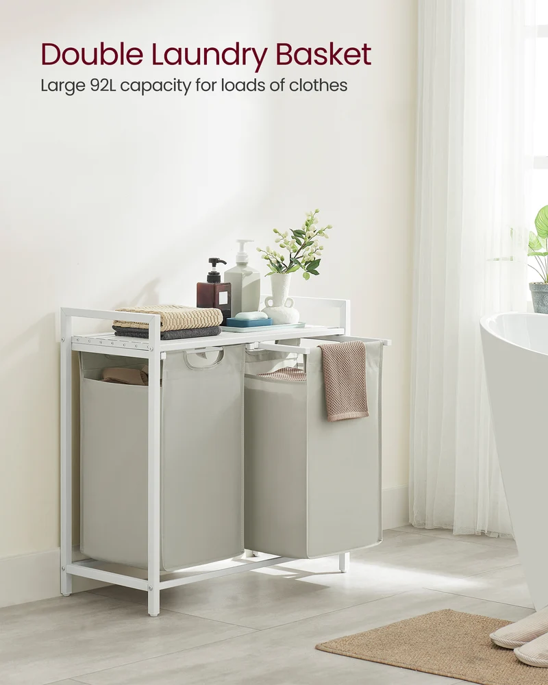 Laundry Hamper, Laundry Basket, Laundry Sorter with 2 Pull-Out and Removable Bags, Shelf, Metal Frame, 2 x 12.1 Gallons