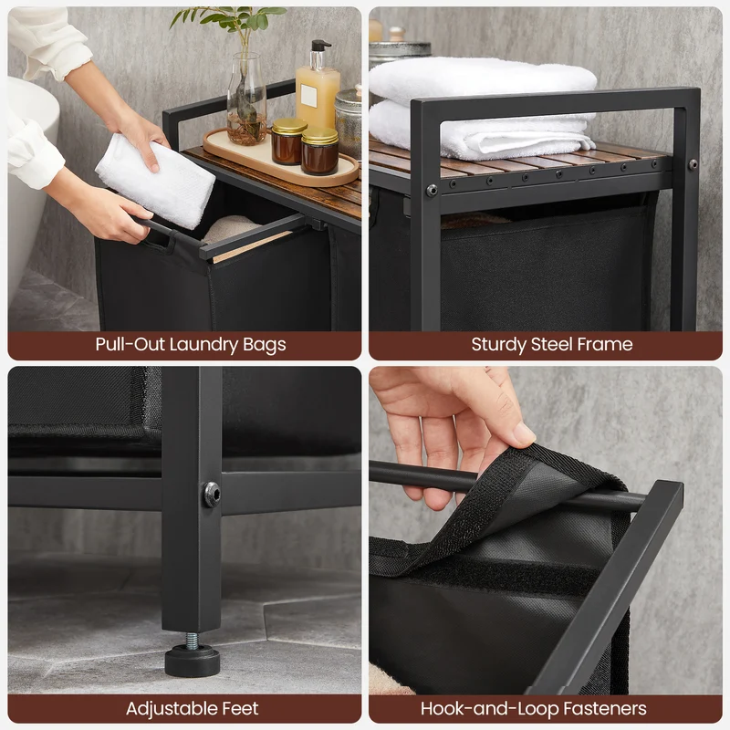Laundry Hamper Organizer Laundry Basket Laundry Sorter with 2 Pull-Out and Removable Bags 2 x 12.1 Gallons, 28.8 x 13 x 28.4 Inches Black
