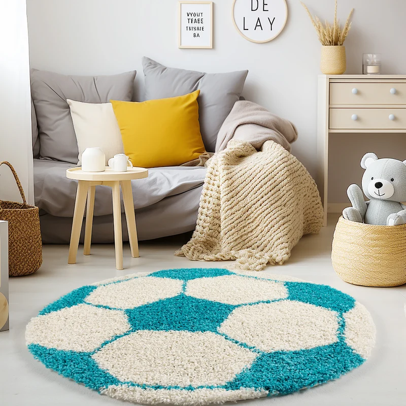 Kinderteppich Hochflor Fußball – Waschbar für Kinderzimmer