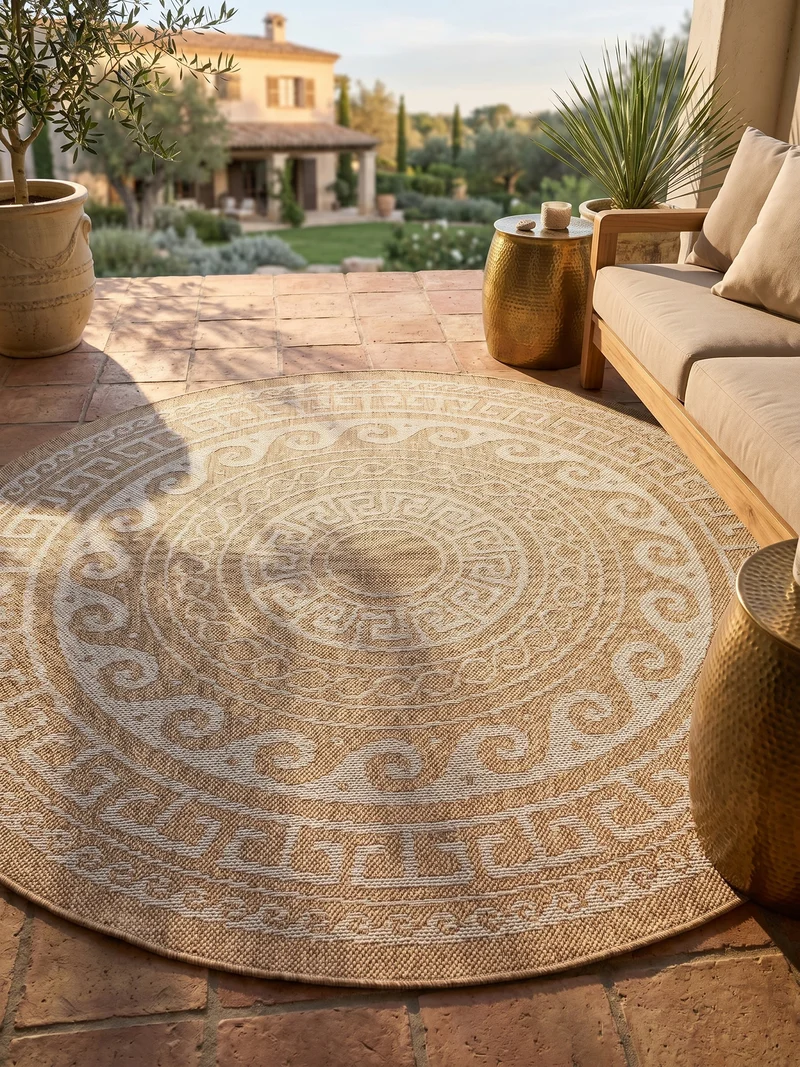 Outdoor-Teppich Mäander-Ornament – Waschbar | Klassisches Kreismuster für Terrasse
