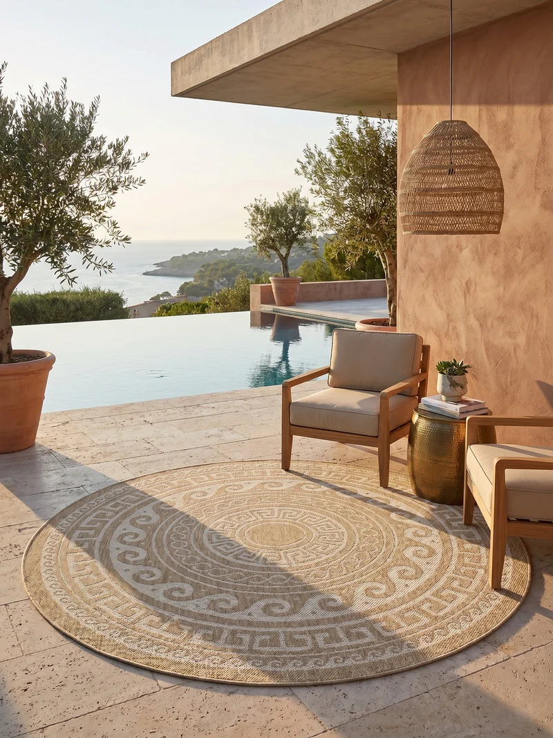 Outdoor-Teppich Mäander-Ornament – Waschbar | Klassisches Kreismuster für Terrasse