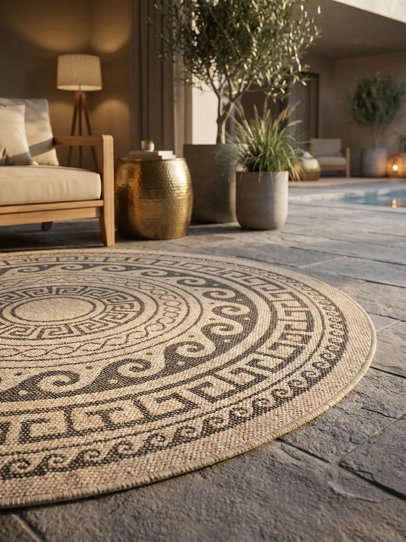 Outdoor-Teppich Mäander-Ornament – Waschbar | Klassisches Kreismuster für Terrasse