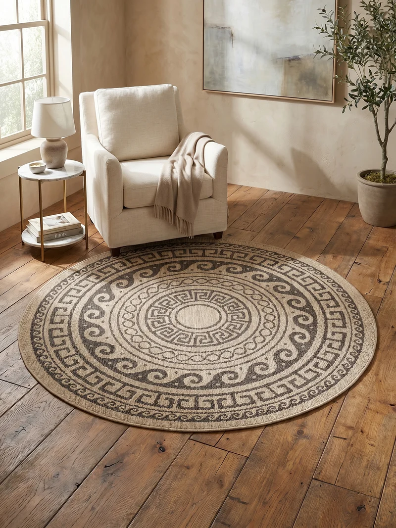 Outdoor-Teppich Mäander-Ornament – Waschbar | Klassisches Kreismuster für Terrasse