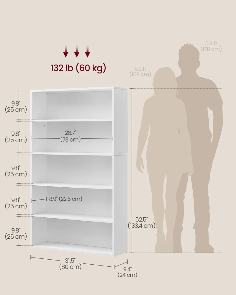 5-Tier Bookshelf, 30 Inches Wide, Open Bookcase with Adjustable Storage Shelves, Floor Standing Unit