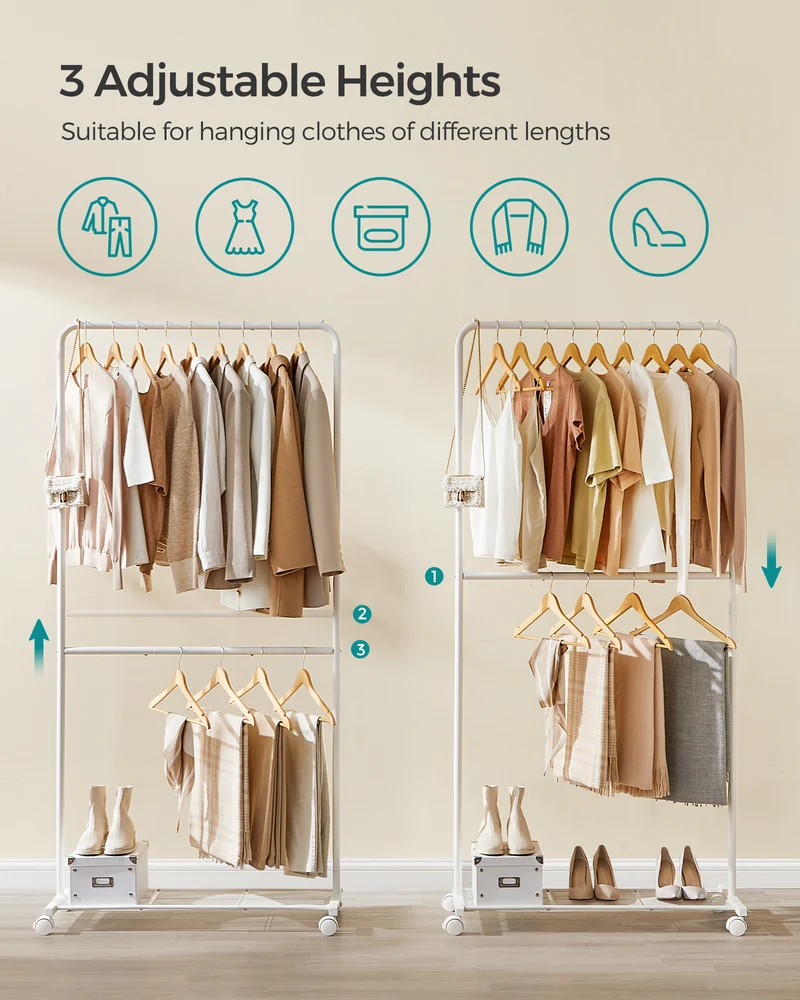 Double-Rod Freestanding Clothes Rack with Wheels Garment Rack with Dense Mesh Storage Shelf 110 lb Load Capacity for Hanging Clothes White
