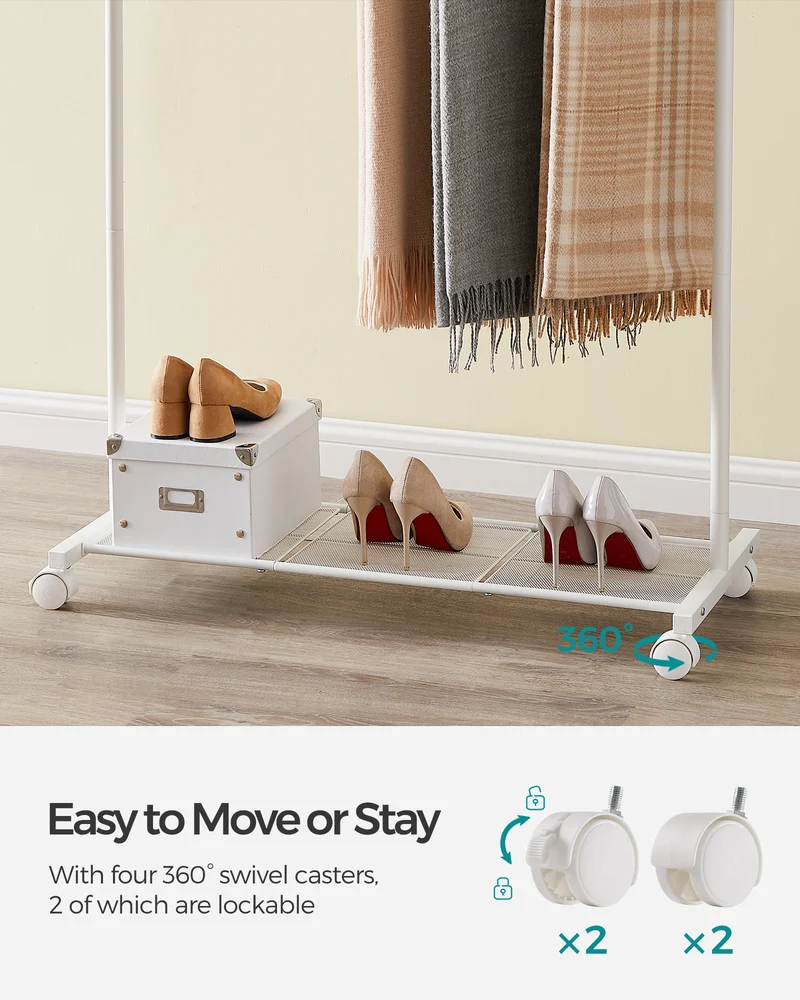 Double-Rod Freestanding Clothes Rack with Wheels Garment Rack with Dense Mesh Storage Shelf 110 lb Load Capacity for Hanging Clothes White