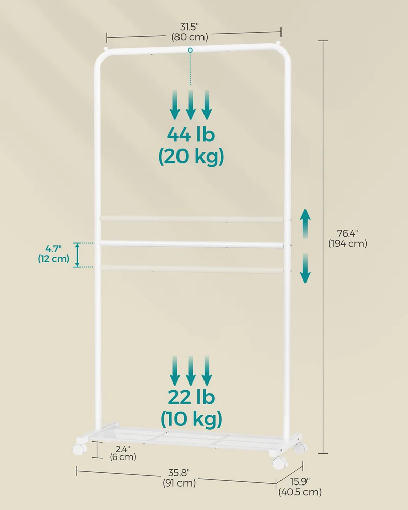 Double-Rod Freestanding Clothes Rack with Wheels Garment Rack with Dense Mesh Storage Shelf 110 lb Load Capacity for Hanging Clothes White
