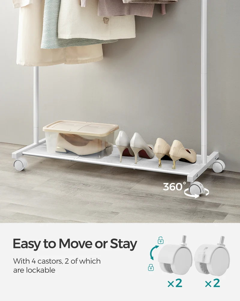 Heavy-Duty Clothes Rack with Dense Mesh Storage Shelf, 25.4mm Metal Garment Rack with Wheels and 2 Brakes, 110 lb Load Capacity Clothes Rack