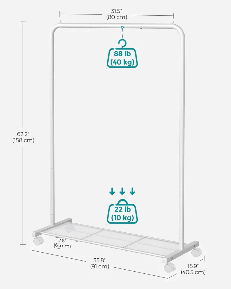 Heavy-Duty Clothes Rack with Dense Mesh Storage Shelf, 25.4mm Metal Garment Rack with Wheels and 2 Brakes, 110 lb Load Capacity Clothes Rack