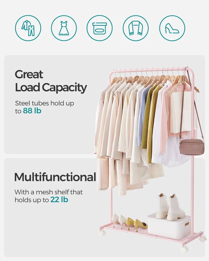 Heavy-Duty Clothes Rack with Dense Mesh Storage Shelf, 25.4mm Metal Garment Rack with Wheels and 2 Brakes Freestanding Clothes Rack Pink