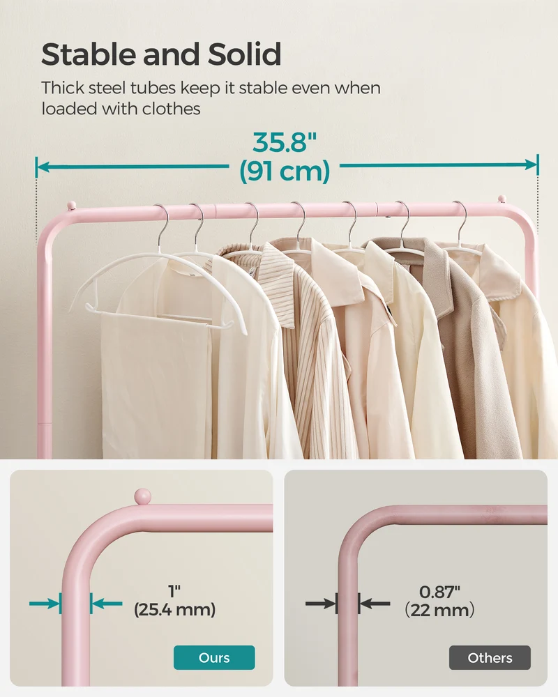 Heavy-Duty Clothes Rack with Dense Mesh Storage Shelf, 25.4mm Metal Garment Rack with Wheels and 2 Brakes Freestanding Clothes Rack Pink