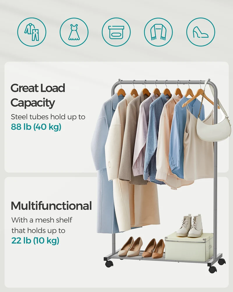 Heavy-Duty Clothes Rack with Dense Mesh Storage Shelf, 25.4mm Metal Garment Rack with Wheels and 2 Brakes Freestanding Clothes Rack Gray
