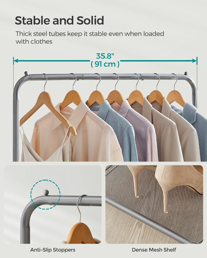 Heavy-Duty Clothes Rack with Dense Mesh Storage Shelf, 25.4mm Metal Garment Rack with Wheels and 2 Brakes Freestanding Clothes Rack Gray