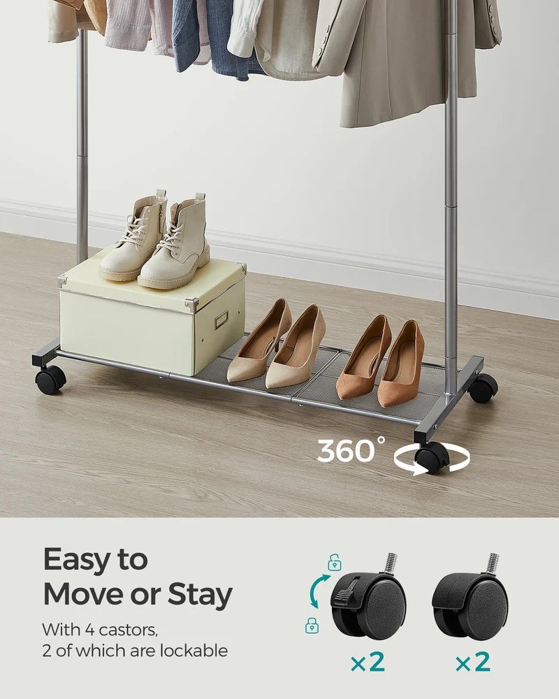 Heavy-Duty Clothes Rack with Dense Mesh Storage Shelf, 25.4mm Metal Garment Rack with Wheels and 2 Brakes Freestanding Clothes Rack Gray