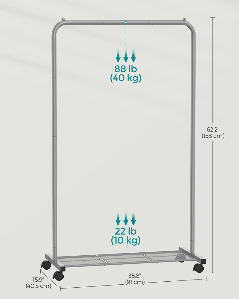 Heavy-Duty Clothes Rack with Dense Mesh Storage Shelf, 25.4mm Metal Garment Rack with Wheels and 2 Brakes Freestanding Clothes Rack Gray