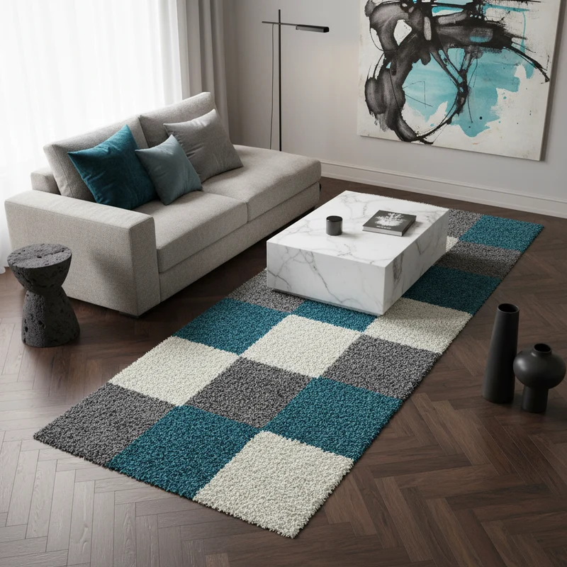 Shaggy Hochflor-Teppich Karo – Waschbar & Flauschig | 3,00 cm Florhöhe für Barfußkomfort