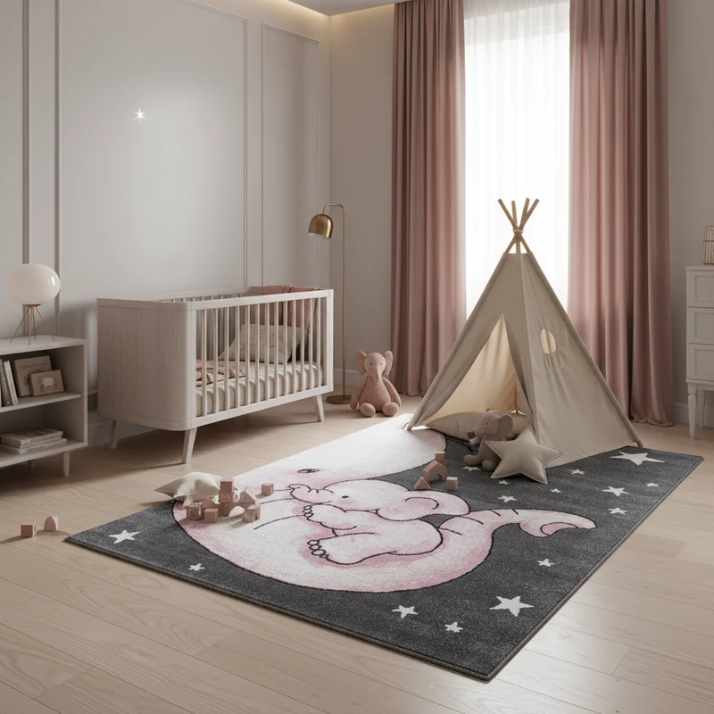 Kinderteppich Elefanten-Motiv – Waschbar & Strapazierfähig für Kinderzimmer