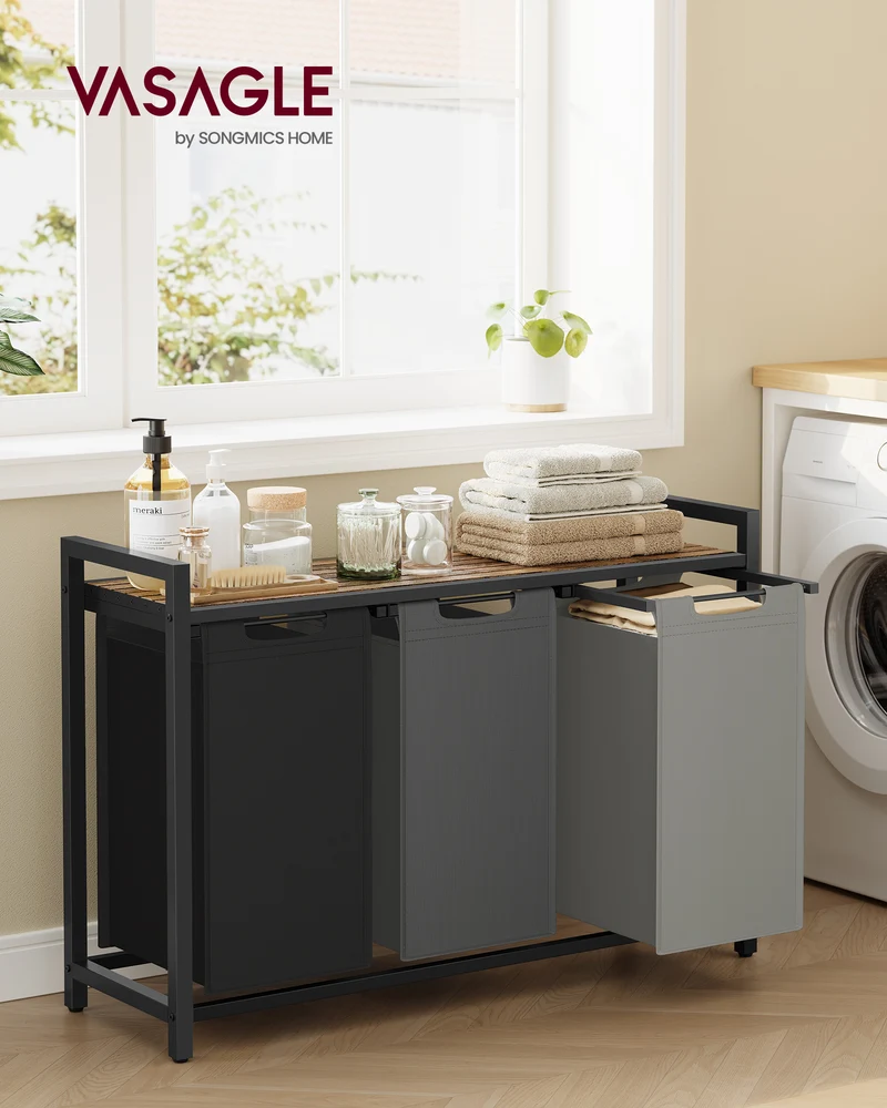 3-Compartment Laundry Hamper Sorter with Removable Bags, Pull-Out Liners, Ventilated Shelf & Sturdy Metal Frame ¨C 31.7 Gallons Capacity, Rustic Brown