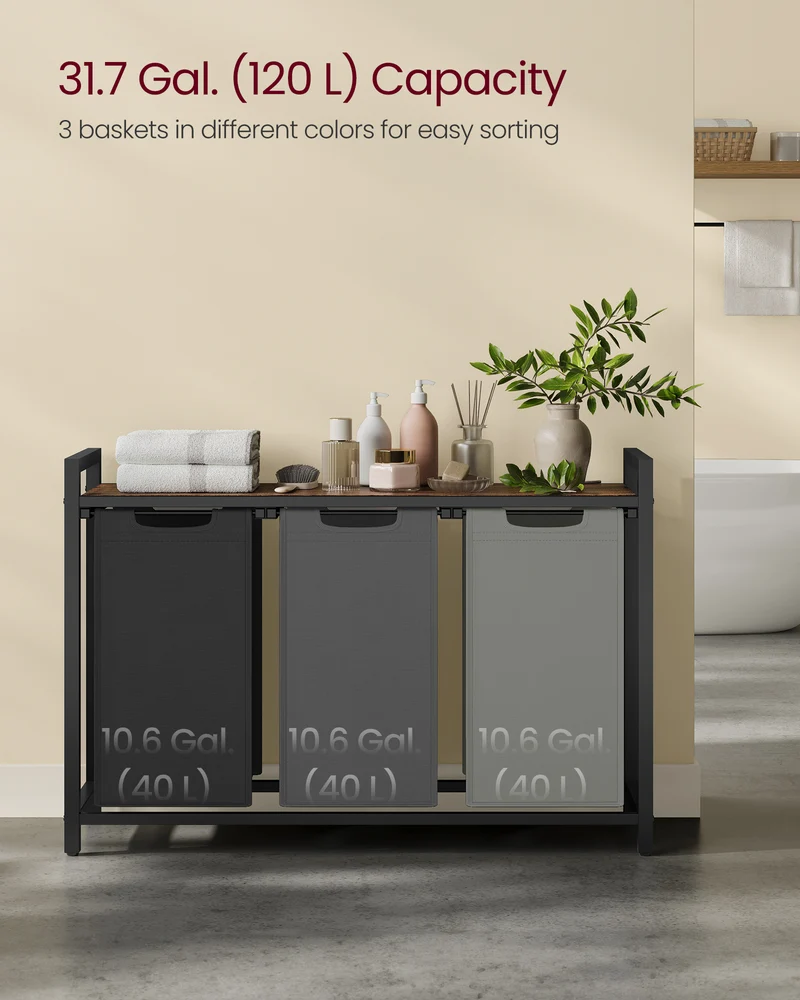 3-Compartment Laundry Hamper Sorter with Removable Bags, Pull-Out Liners, Ventilated Shelf & Sturdy Metal Frame ¨C 31.7 Gallons Capacity, Rustic Brown