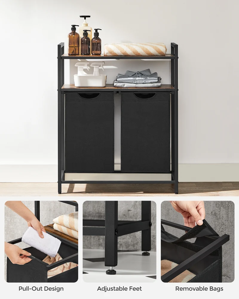 VASAGLE Laundry Hamper Laundry Basket Laundry Sorter with 2 Pull-Out and Removable Bags 2 Shelves Rustic Brown and Black