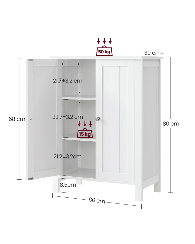 VASAGLE Bathroom Floor Storage Cabinet, Storage Unit with 2 Adjustable Shelves, Cabinet Freestanding,Inches, White