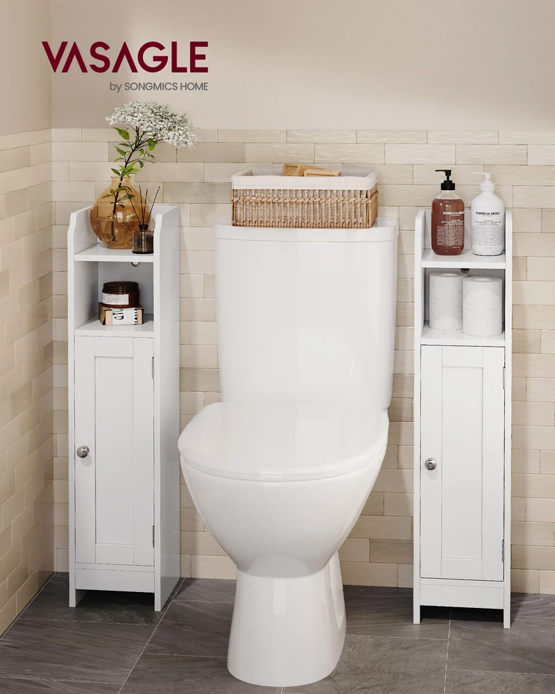 Small Floor Cabinet with Adjustable Shelves - White Narrow Storage Organizer