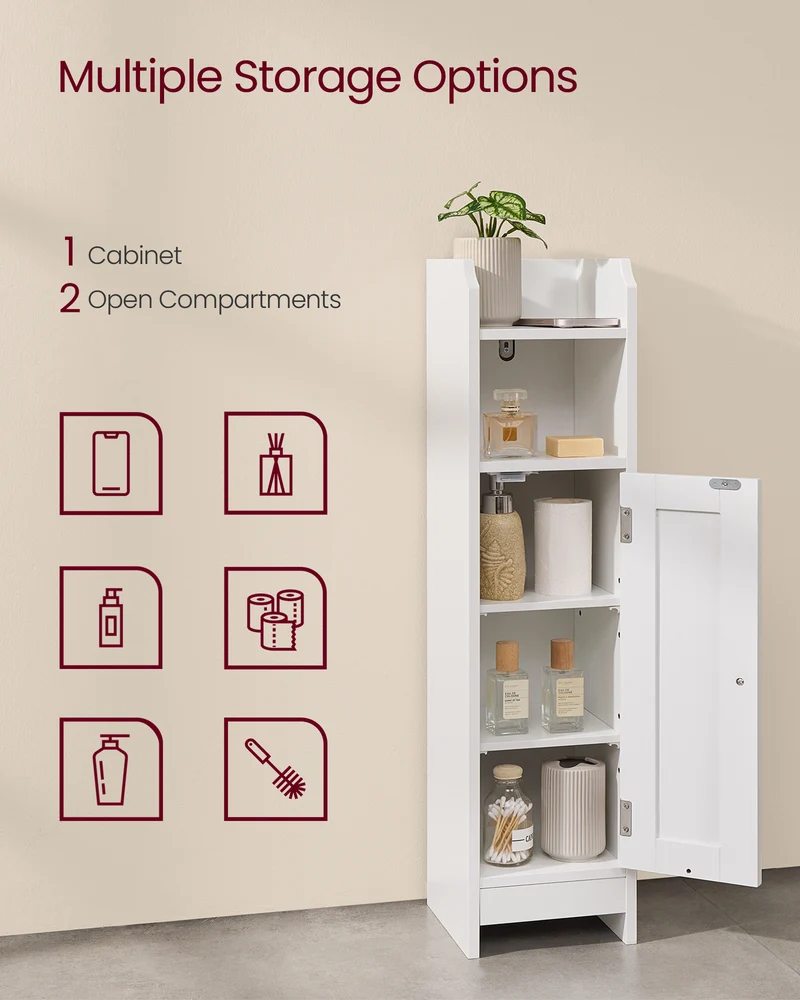 Small Floor Cabinet with Adjustable Shelves - White Narrow Storage Organizer