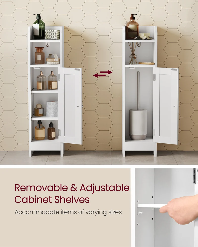 Small Floor Cabinet with Adjustable Shelves - White Narrow Storage Organizer