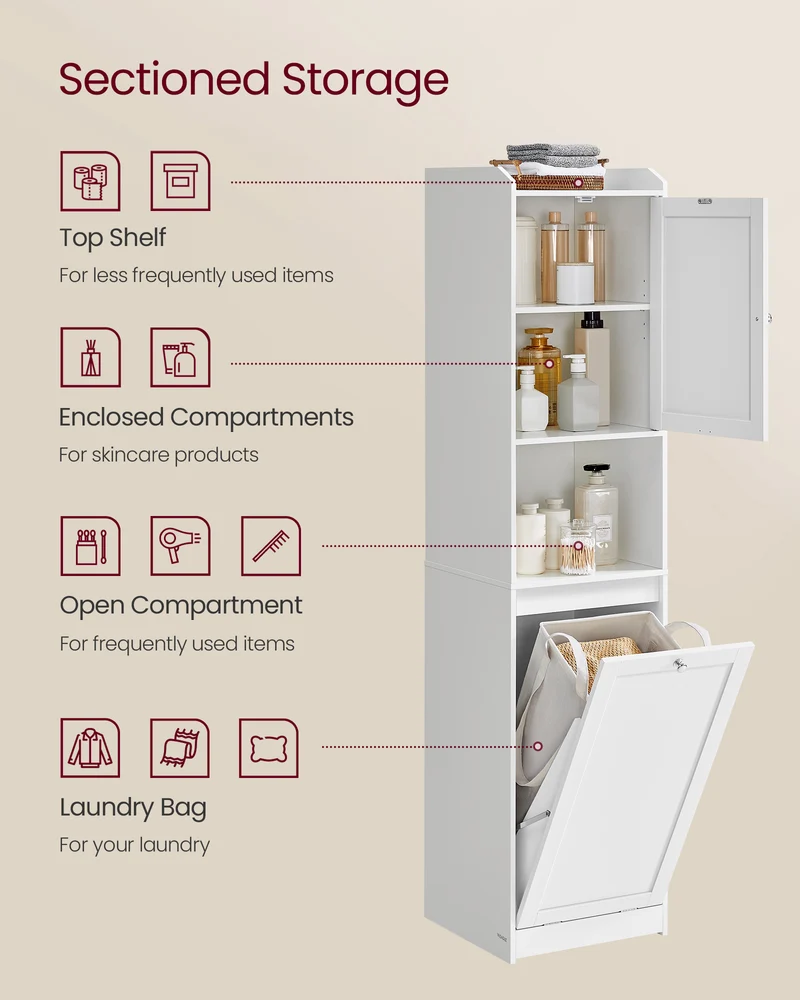 VASAGLE Tall Cabinet with Laundry Basket, Removable Laundry Basket with Handles, Compartment with Door, Linen Tower, Cloud White