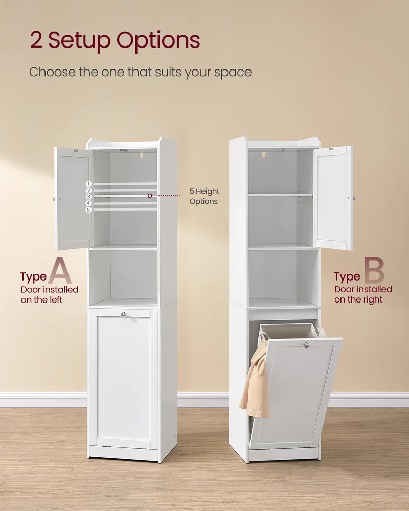 VASAGLE Tall Cabinet with Laundry Basket, Removable Laundry Basket with Handles, Compartment with Door, Linen Tower, Cloud White