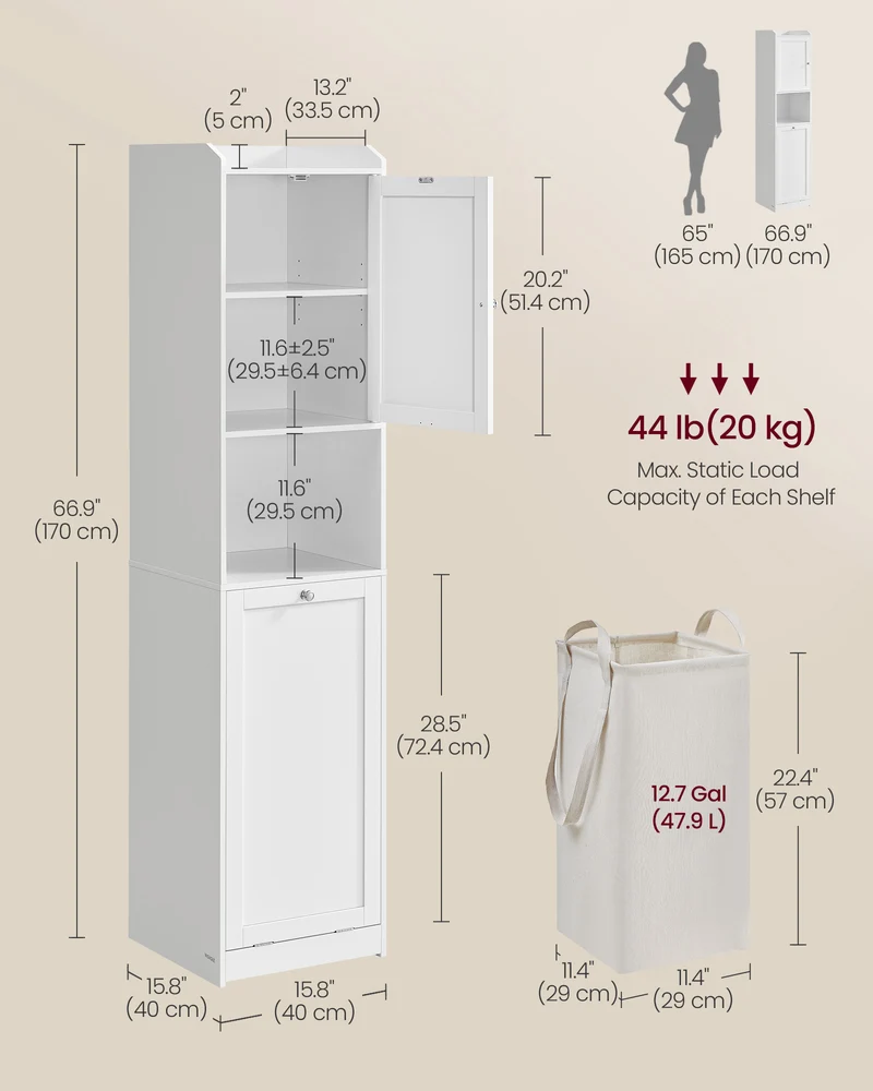 VASAGLE Tall Cabinet with Laundry Basket, Removable Laundry Basket with Handles, Compartment with Door, Linen Tower, Cloud White