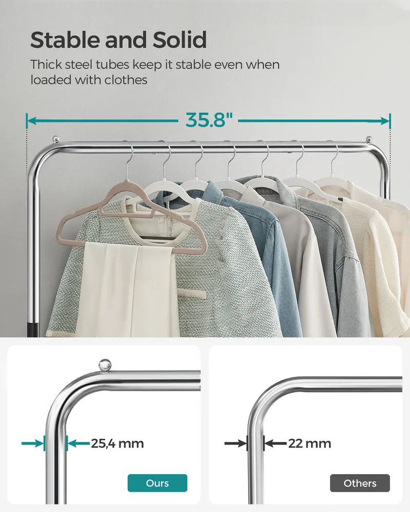 Heavy-Duty Clothes Rack with Dense Mesh Storage Shelf, 25.4mm Metal Garment Rack with Wheels and 2 Brakes Freestanding Clothes Rack Sliver