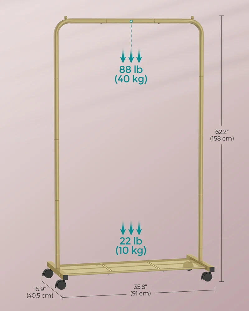 Heavy-Duty Clothes Rack with Dense Mesh Storage Shelf, 25.4mm Metal Garment Rack with Wheels and 2 Brakes Freestanding Clothes Rack Gold