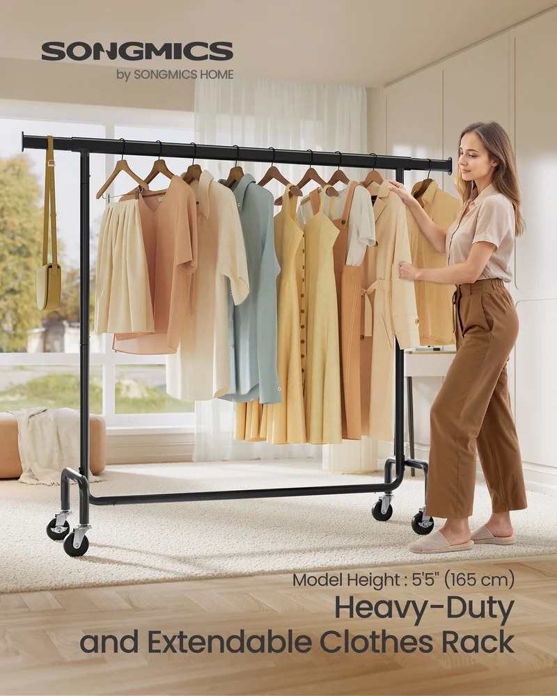 Extendable Hanging Rod Clothes Rack with Wheels Heavy-Duty Garment Rack Freestanding Clothes Rack for Hanging Clothes Black