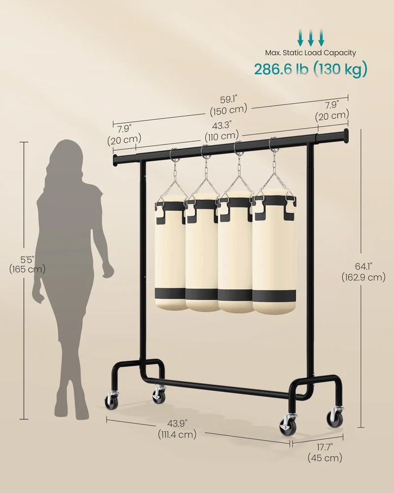 Extendable Hanging Rod Clothes Rack with Wheels Heavy-Duty Garment Rack Freestanding Clothes Rack for Hanging Clothes Black