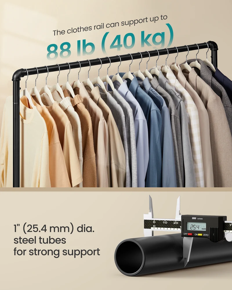 SONGMICS Heavy-Duty Clothes Rack Clothing Rack for Hanging Clothes, Industrial Garment Rack on Wheels Commercial Display Black