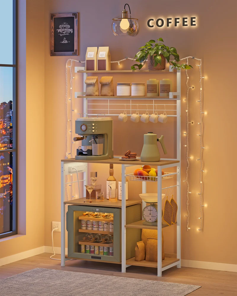 Bakers Rack with Power Outlet, 35.4 Inches Microwave Stand, Coffee Bar, 4 AC Outlets, with Adjustable Shelves, 8 S-Hooks, Basket, Spice Racks