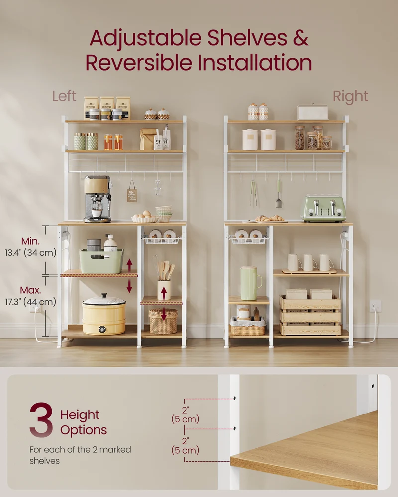 Bakers Rack with Power Outlet, 35.4 Inches Microwave Stand, Coffee Bar, 4 AC Outlets, with Adjustable Shelves, 8 S-Hooks, Basket, Spice Racks