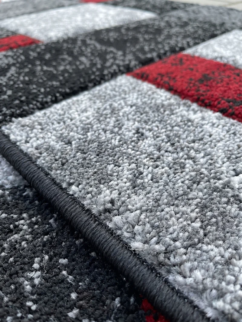 Kurzflor-Teppich Karofelder – Waschbar | Großflächiges Karo-Design | Frisée-Garn für Lebendige Textur