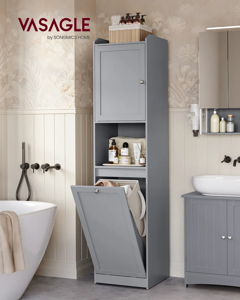 VASAGLE Tall Cabinet with Laundry Basket, Removable Laundry Basket with Handles, Compartment, Dove Gray